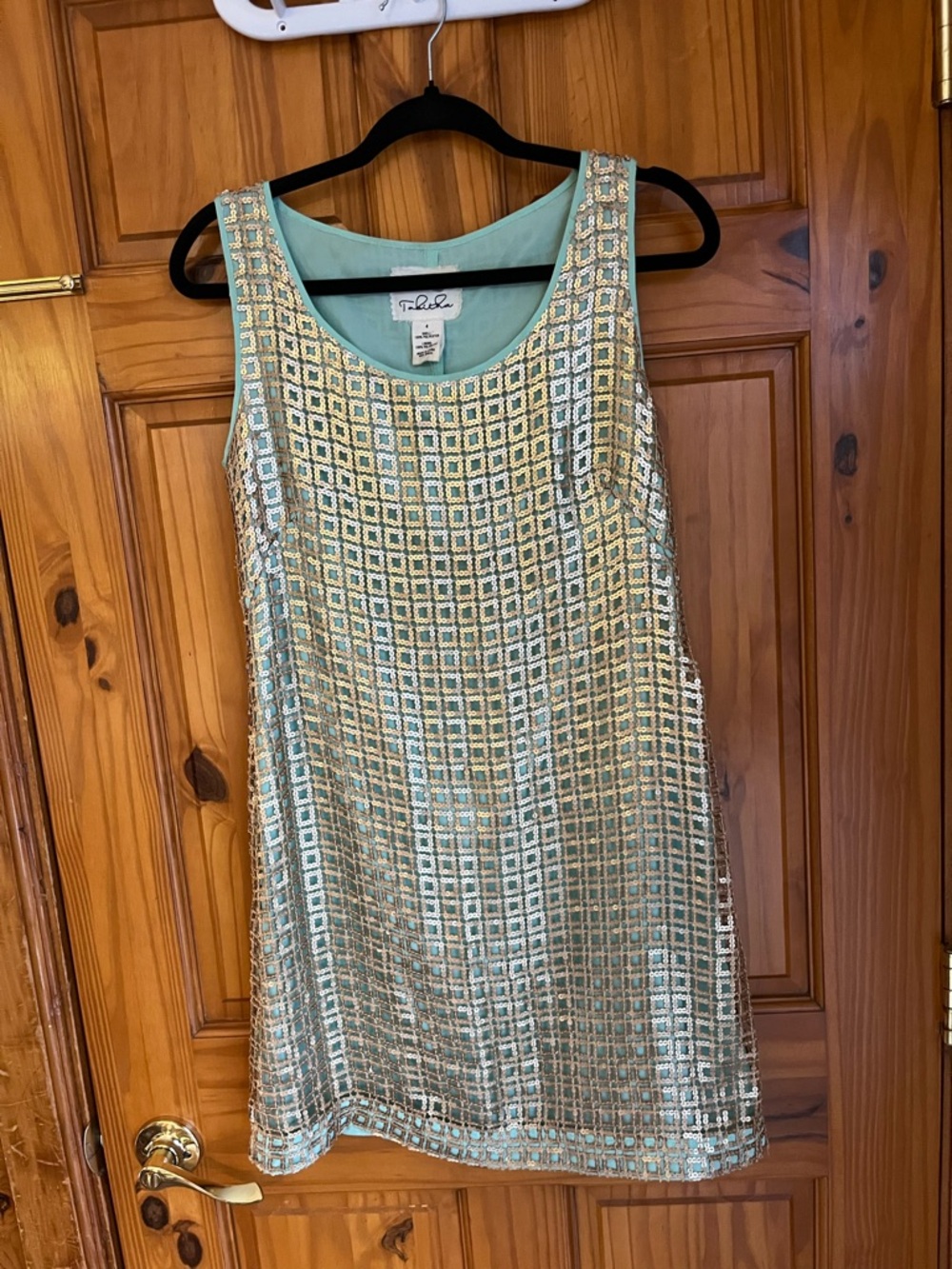 Anthropologie Mint and Gold Sequin Grid Shift Dress